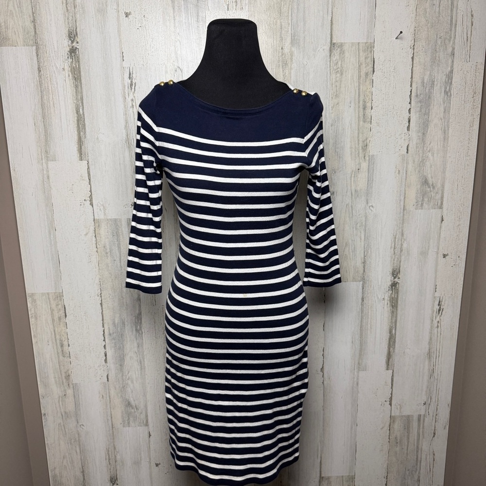 Lauren Ralph Lauren SZ M Navy Nautical White Stripe Dress Coastal Preppy Spring - Picture 3 of 12